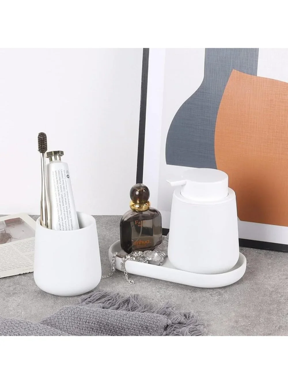 Modern Farmhouse Ceramic Bathroom Accessories Set - Soap Dispenser, Toothbrush